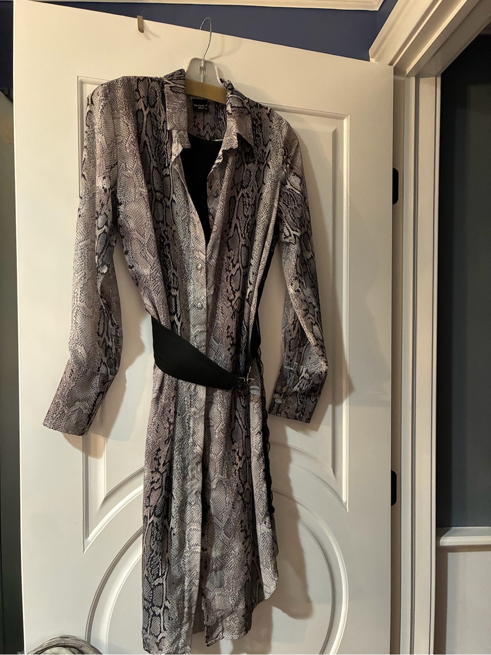 Snakeskin Print Shirt Dress with Black Waist Detail